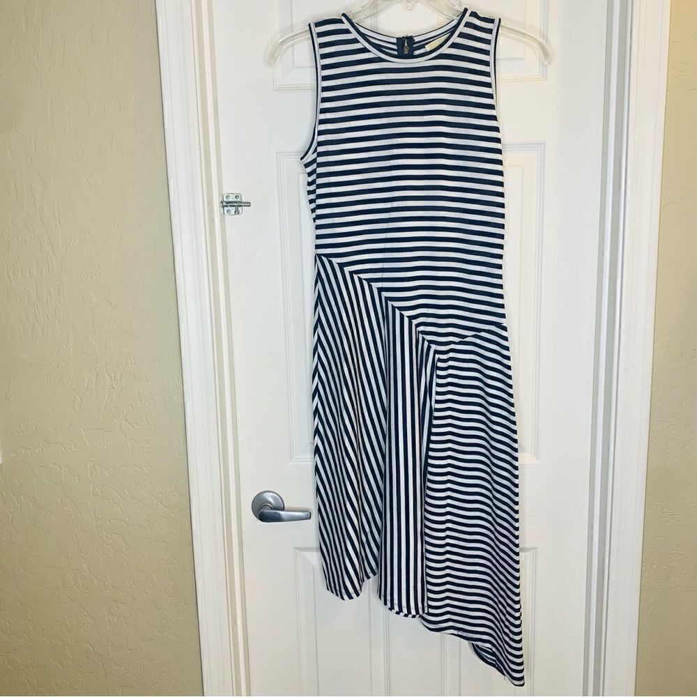 Michael Kors Striped Asymmetrical Tank Dress Size Medium Navy and White
